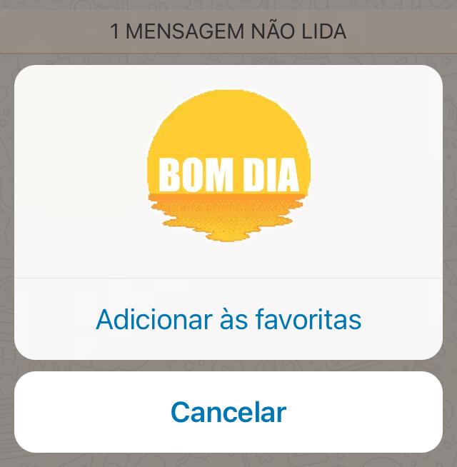 Clique em figurinha de Bom Dia e botão 'Adicionar às Favoritas' exibido
